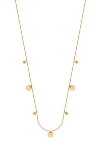 Złota naszyjnik z delikatnym łańcuszkiem, z równomiernie rozmieszczonymi okrągłymi dyskami i małymi kulkami, o gładkiej fakturze i minimalistycznym designie.