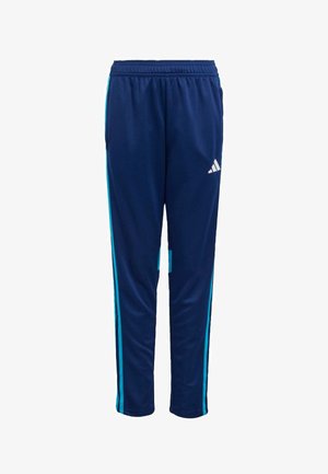 Navy athletic pants with light blue side stripes and an elastic waistband. Made of smooth, lightweight fabric. Features an Adidas logo.