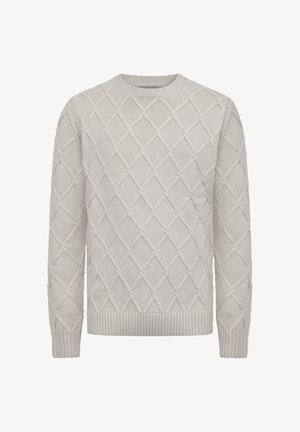 Light gray knit sweater featuring a diamond pattern, rounded neckline, ribbed cuffs and hem, with a textured surface.