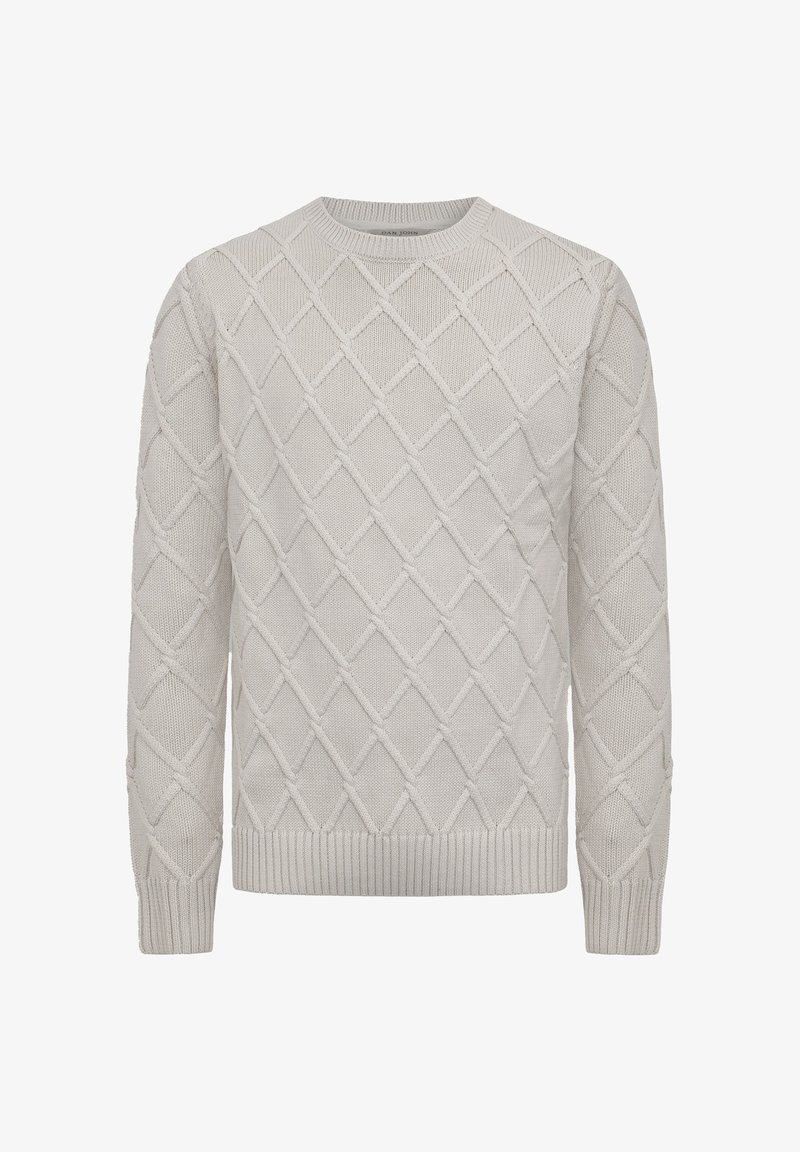 Light gray knit sweater featuring a diamond pattern, rounded neckline, ribbed cuffs and hem, with a textured surface.