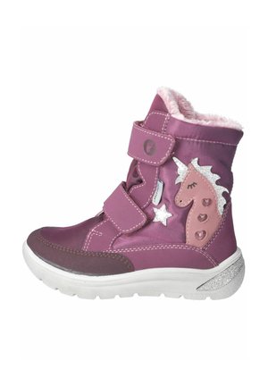 Stivale alla caviglia viola con due cinturini in Velcro, accenti argento, un design di unicorno, fodera rosa e una suola bianca e testurizzata.