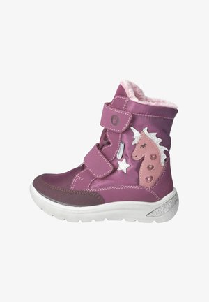 Paarse enkelboot met twee klittenbandsluitingen, zilveren accenten, een eenhoornontwerp, roze voering en een witte, gestructureerde zool.