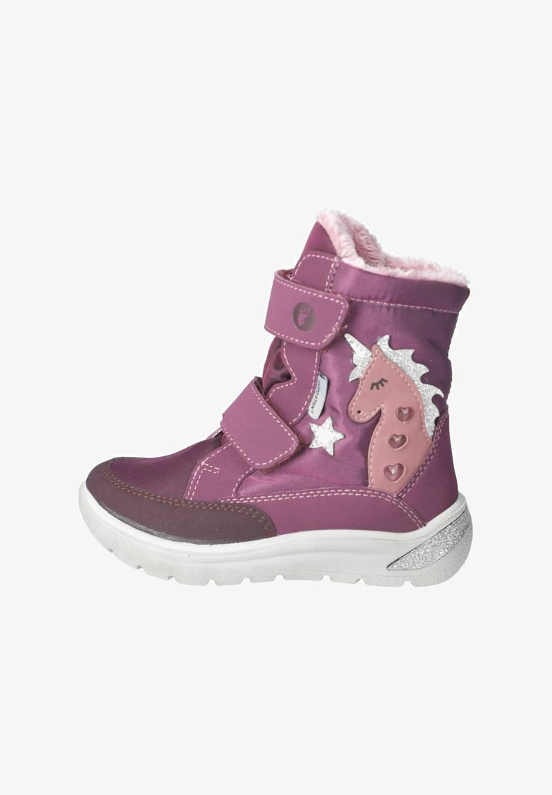 Botín morado hasta el tobillo con dos correas de Velcro, acentos plateados, un diseño de unicornio, forro rosa y una suela blanca texturizada.