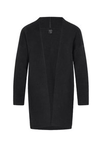 Schwarzer langer Cardigan aus strukturiertem Strickstoff, mit offener Vorderseite und langen Ärmeln, der eine lockere Silhouette ohne Verschlüsse bietet.
