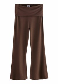 Braune ausgestellte Hose mit breitem Bund, aus glattem Stoff und mit elegantem Fall, geeignet für Freizeit- oder Sportbekleidung.