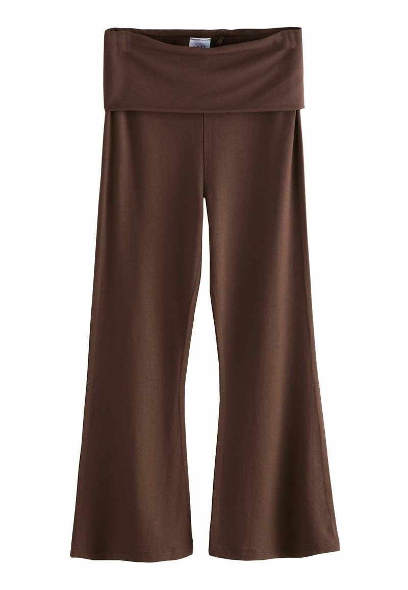 Braune ausgestellte Hose mit breitem Bund, aus glattem Stoff und mit elegantem Fall, geeignet für Freizeit- oder Sportbekleidung.