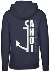 Navy blue hoodie featuring a white anchor graphic and "AHOI" text. Made from soft fabric, with a kangaroo pocket and drawstring hood.
