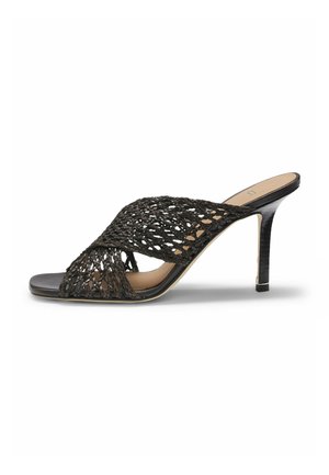 Mule noire à talon haut avec un design tissé à bout ouvert, talon fin, et style à enfiler sur fond blanc.