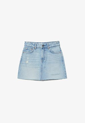 Svetlomodrá džínová sukňa s mierne áčkovým strihom, rozstrapkaným lemom a bledými akcentmi. Obsahuje púzdra na opasok a predné vrecká.