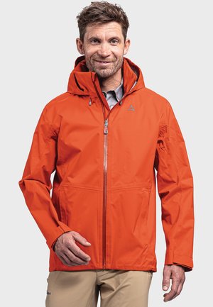 Leuchtend orangefarbene, wasserdichte Jacke mit Reißverschluss vorne, Kordelzugkapuze und elastischen Bündchen. Glatte Textur mit einem Logo auf der Brust.
