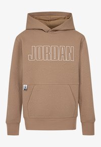 Brauner Kapuzenpullover mit prägtem geometrischen Muster, "JORDAN"-Logo in Weiß und einer frontalen Kängurutasche. Gerippte Bündchen und Saum.