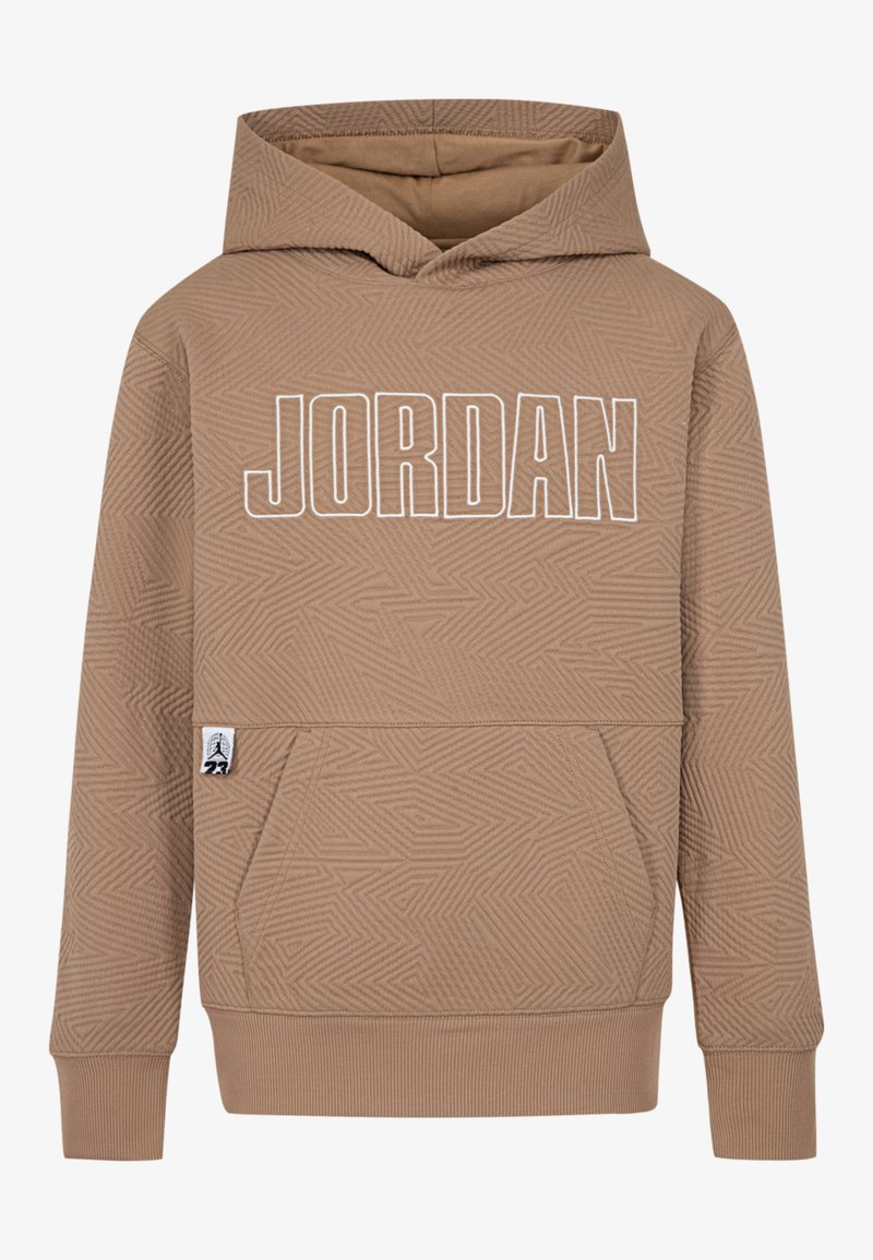 Brauner Kapuzenpullover mit prägtem geometrischen Muster, "JORDAN"-Logo in Weiß und einer frontalen Kängurutasche. Gerippte Bündchen und Saum.