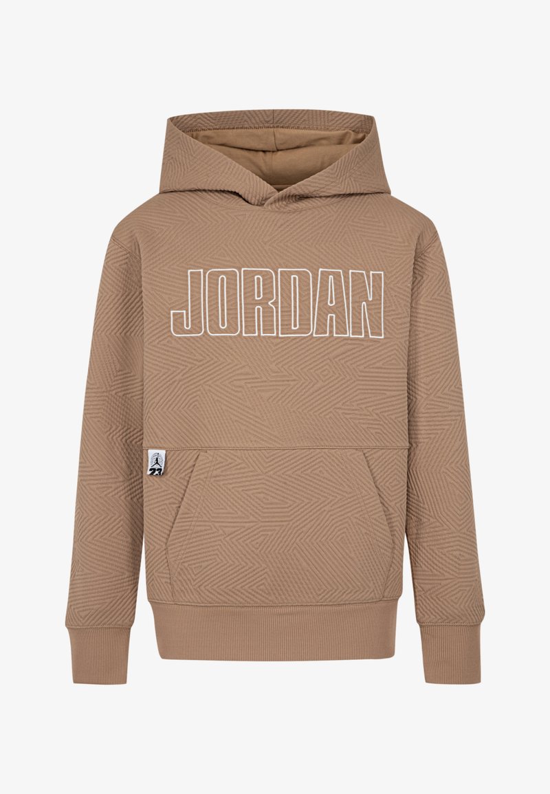 Hanorac capucios maro cu un model geometric embossat, logo-ul "JORDAN" în alb și o buzunar frontal tip kangaroo. Manșete și tiv cu nervuri.