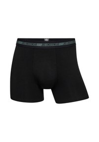 Sorte boxer shorts lavet af blødt stof. Har en grå elastisk talje med "JBS UNDERWEAR" trykt på. Designet til komfort og hverdagsslitage.