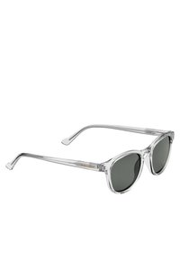Gafas de sol de acetato transparente con lentes grises, forma redonda y brazos delgados con detalles grabados y un acento de logo naranja.