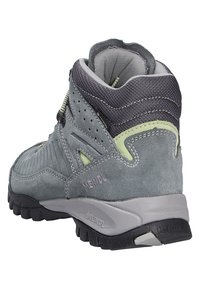 Graue Wildleder-Wanderschuhe mit gepolstertem Kragen, Mesh-Akzenten und einer strapazierfähigen Gummisohle. Reflektierende Details in Limegrün.