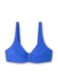 Niebieski górny element bikini z szerokimi ramiączkami, zawiązywanym detalem na środku i gładką fakturą. Projekt ma trójkątny kształt i nie posiada podszewki.