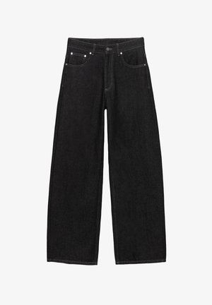 Zwarte high-waist jeans met wijde pijpen, knoopsluiting aan de voorkant, vijf zakken en zichtbare witte stiknaden langs de naden.