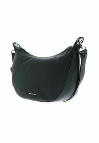 Sac à épaule en cuir noir en forme de croissant avec quincaillerie en argent et bandoulière réglable, arborant un petit logo "Mandarina Duck" à l'avant.