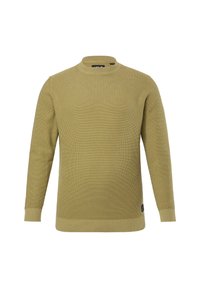 Maglione lavorato a maglia verde oliva con colletto girocollo, polsini e fondo a costine, caratterizzato da un motivo testurizzato. Il materiale sembra morbido e caldo.