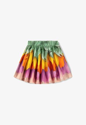 Jupe avec un waistband élastique présentant un imprimé floral coloré avec des feuilles vertes et des pétales dans des teintes jaunes, oranges, violettes et roses.