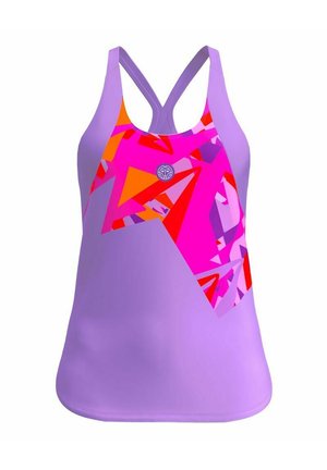 Paarse sporttanktop met een multikleurig geometrisch patroon van roze, oranje en paarse vormen. Racerback ontwerp. Gladde stoftextuur.