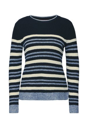 Maglione lavorato a maglia con maniche lunghe, caratterizzato da righe orizzontali blu navy, azzurro e crema, scollo rotondo e tessuto testurizzato.