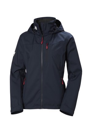 Námořnicky modrá nepromokavá bunda s vysokým límcem, předním zipem a červenými kapsami na zip. Má dlouhé rukávy a elegantní, aerodynamický design.