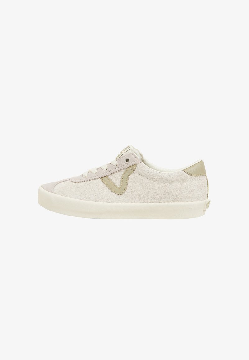 Light-colored sneakers with a textured upper, suede accents, and a rubber sole. Features a stitched logo and a low-top design.