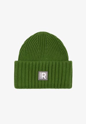 Green ribbed knit beanie with a folded cuff and a square patch labeled "#1839 R" on the front center.