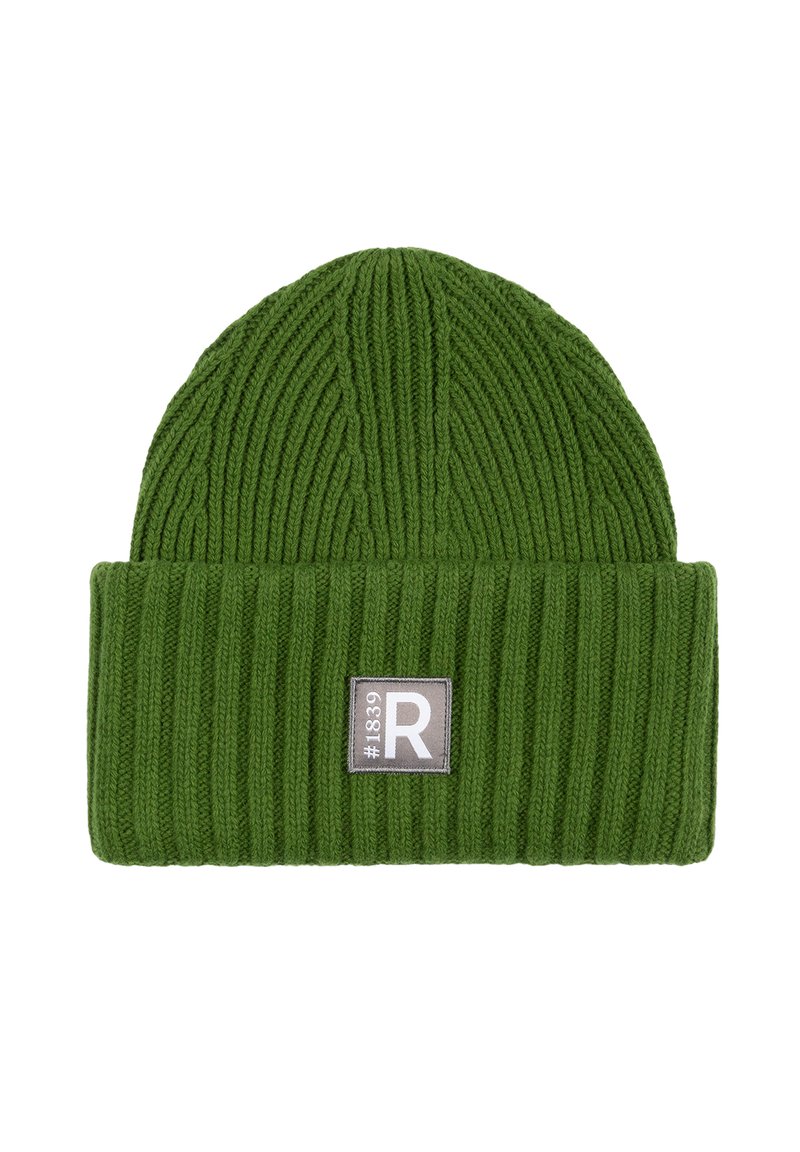 Green ribbed knit beanie with a folded cuff and a square patch labeled "#1839 R" on the front center.