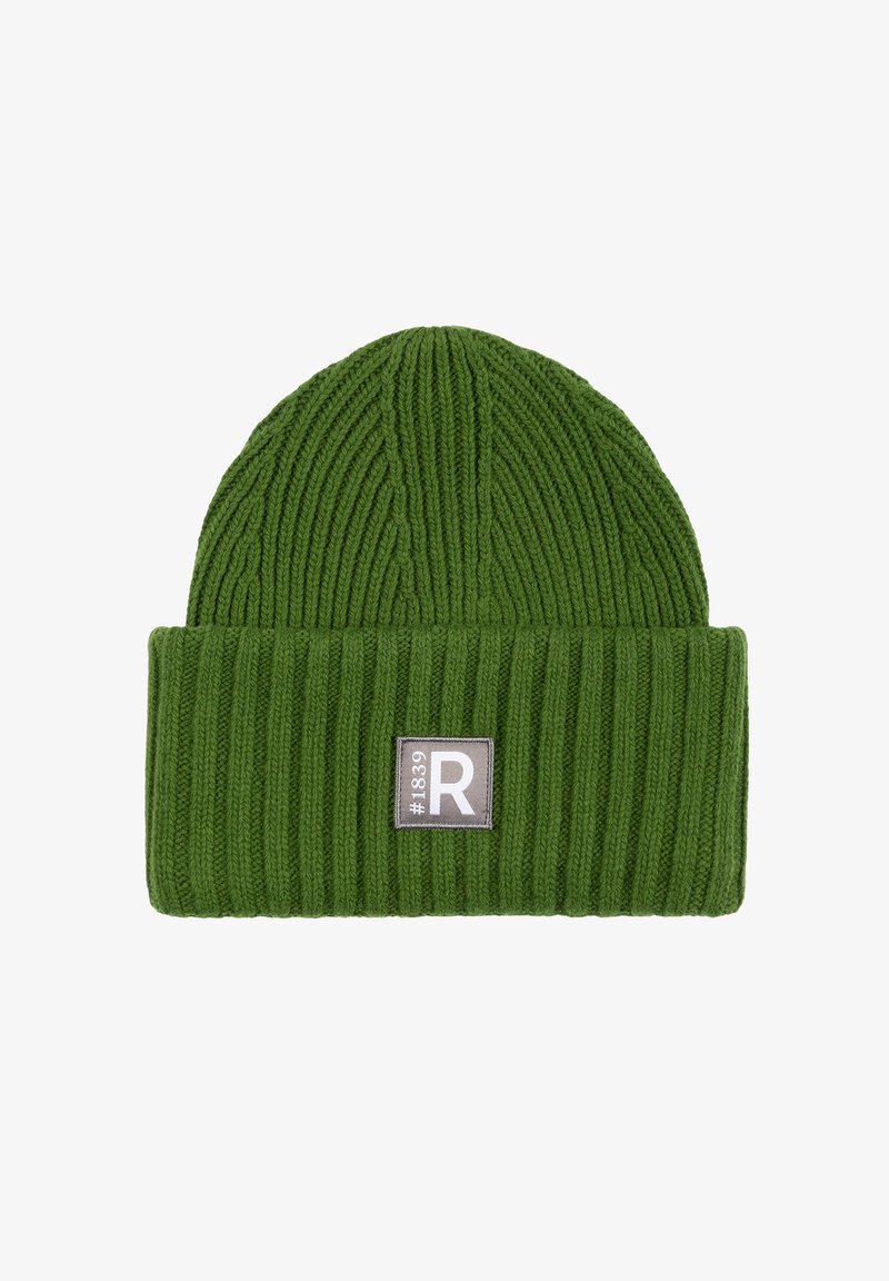 Green ribbed knit beanie with a folded cuff and a square patch labeled "#1839 R" on the front center.