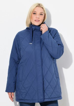 Navy blue quilted jacket with a hood, featuring diamond pattern stitching, zipper closure, and side pockets. Smooth synthetic material.