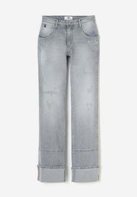 Jean en denim gris avec une jambe droite, délavage, détails usés et ourlets retroussés à la cheville. Fermeture à boutons et poches.