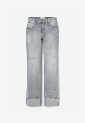 Grijze denim jeans met een rechte pijp, vervaagde wassing, versleten details en opgerolde manchetten bij de enkels. Knopen-vlieg sluiting en zakken.