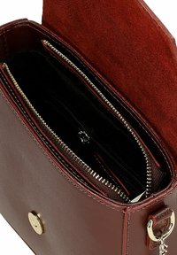 Borsa a tracolla in pelle marrone con un morbido risvolto in suede, scomparti interni con cerniera e chiusura a scatto in metallo. Presenta dettagli in metallo dorato.