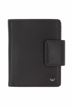 Portefeuille en cuir noir avec bords cousus, fermeture à pression sur la droite et petit logo métallique dans le coin inférieur droit.