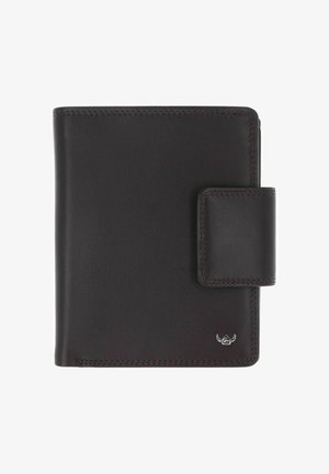 Portefeuille en cuir noir avec bords cousus, fermeture à pression sur la droite et petit logo métallique dans le coin inférieur droit.