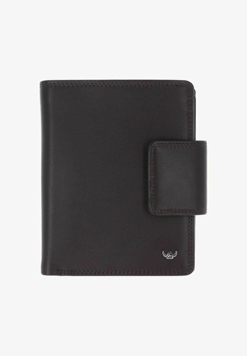 Portefeuille en cuir noir avec bords cousus, fermeture à pression sur la droite et petit logo métallique dans le coin inférieur droit.