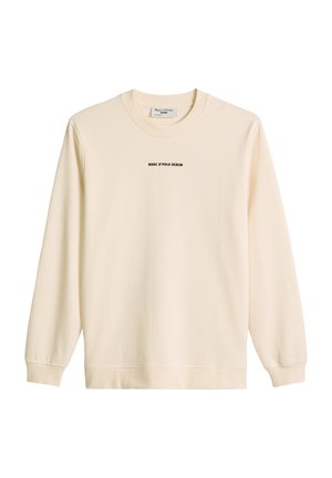 Cremefarbenes Sweatshirt mit langen Ärmeln, Rundhalsausschnitt und dem Schriftzug "MARC O'POLO DENIM" mittig auf der Brust.