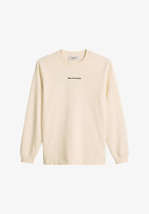 Sweat-shirt à manches longues couleur crème avec col rond et texte "MARC O'POLO DENIM" centré sur la poitrine.