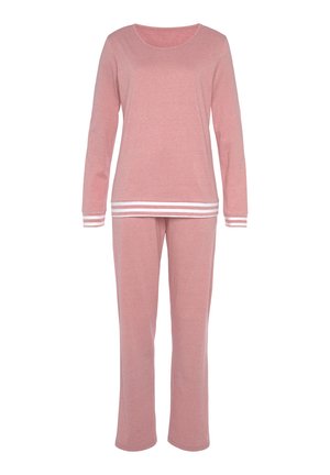 Pink long-sleeve top with white stripe details at hem paired with matching pants in similar pink fabric. Soft texture, casual fit.