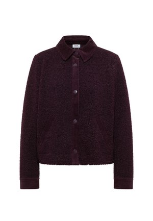 Dunkelviolette, strukturierte Fleecejacke mit Knopfverschluss, spitzem Kragen, langen Ärmeln und schrägen Seitentaschen.