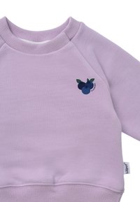 Lila Sweatshirt mit Rundhalsausschnitt, gerippten Bündchen und Saum. Mit einem Blaubeere-Graphic und grünen Blättern auf der Brust. Weicher Stoff.