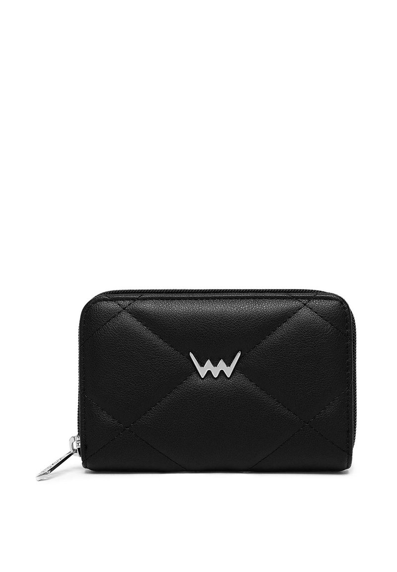 Black zippered wallet in quilted leather, featuring a silver logo. Smooth texture with a rectangular shape and accent stitching.