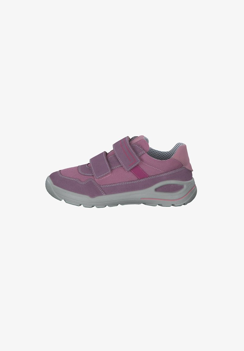 Purple athletic shoe with two Velcro straps, textured fabric, mesh lining, and contrasting pink accents on the sole and upper.