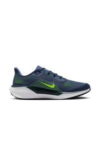 Scarpa da corsa Nike blu e verde con suola bianca, parte superiore in rete, chiusura con lacci e logo Nike verde lime sul lato.