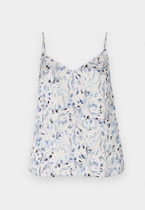 Biała bezrękawnik z kwiatowym wzorem w odcieniach niebieskiego i czarnego. Wycięcie w kształcie litery V z cienkimi ramiączkami oraz luźny krój. Gładka tekstura materiału.
