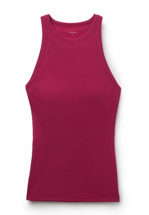 Débardeur ajusté sans manches en maille côtelée rose foncé avec encolure ronde haute, taille petite, posé à plat sur fond blanc.