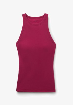 Débardeur ajusté sans manches en maille côtelée rose foncé avec encolure ronde haute, taille petite, posé à plat sur fond blanc.